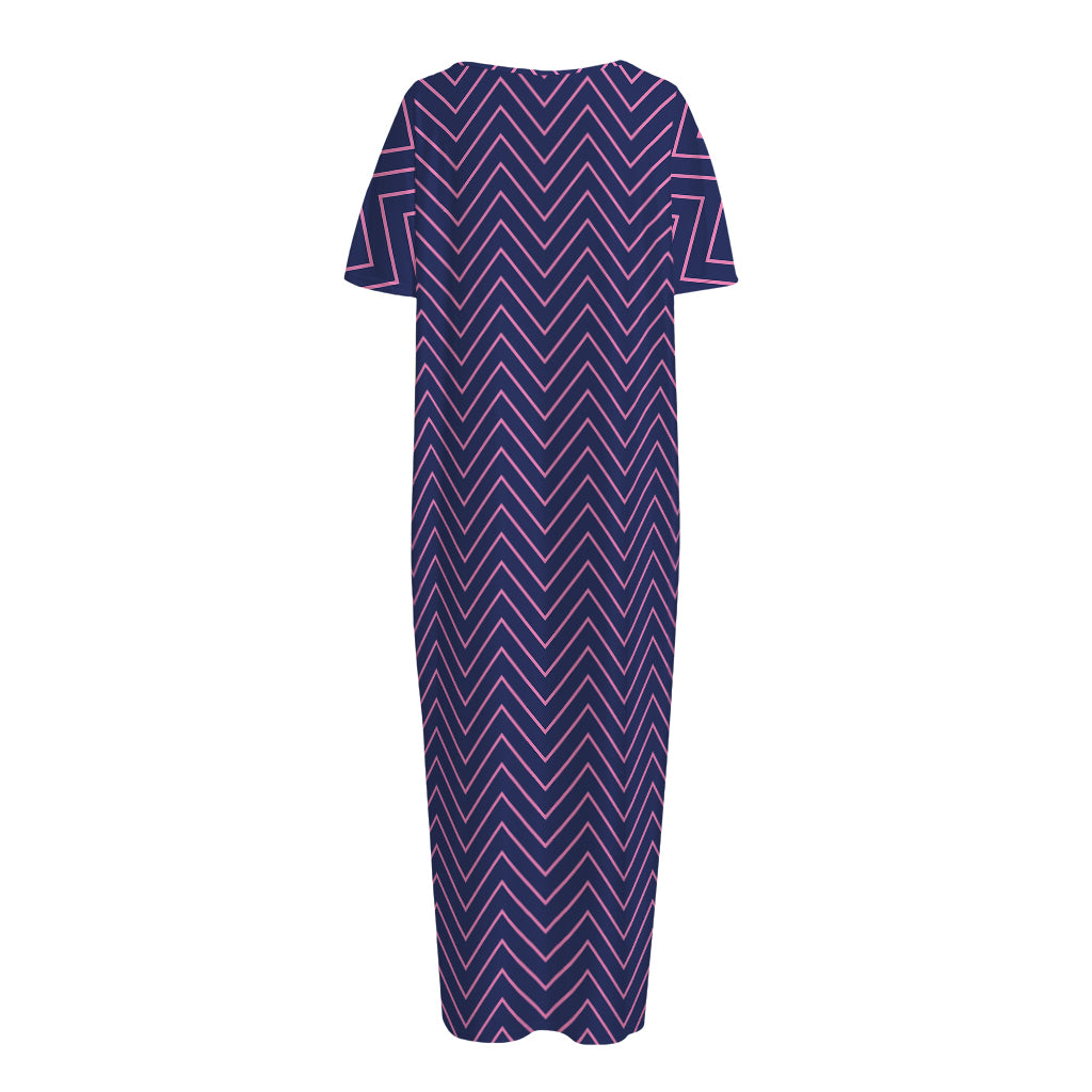 Navy And Pink Zigzag Pattern Print Short Sleeve Long Nightdress