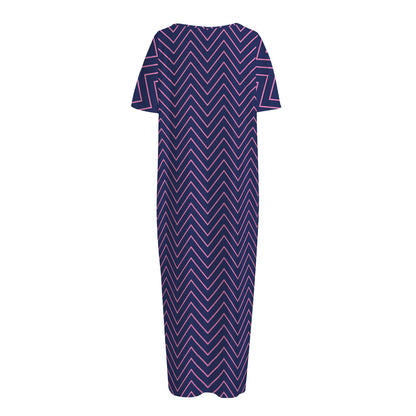 Navy And Pink Zigzag Pattern Print Short Sleeve Long Nightdress