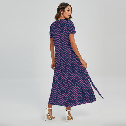 Navy And Pink Zigzag Pattern Print Short Sleeve Maxi Dress