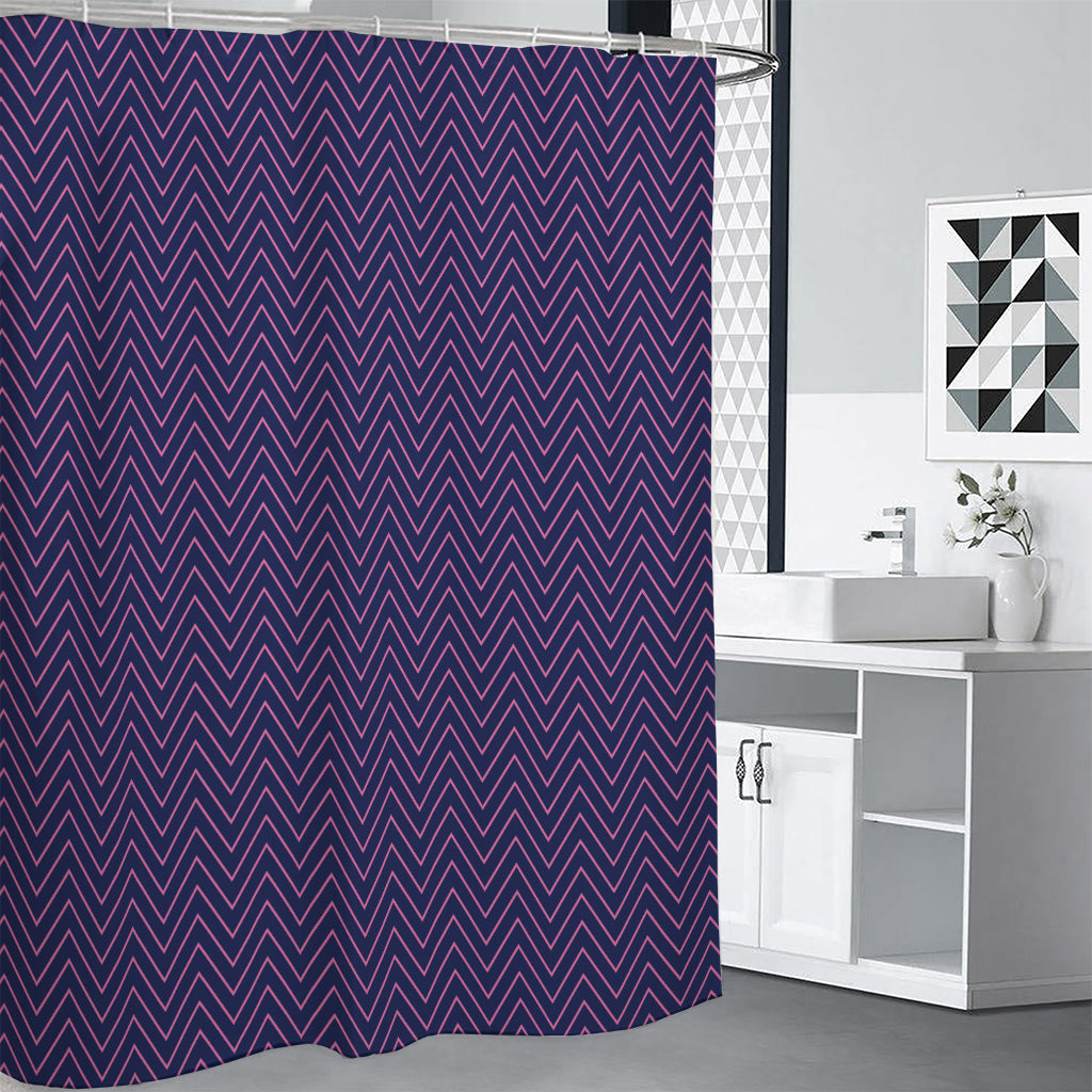 Navy And Pink Zigzag Pattern Print Shower Curtain