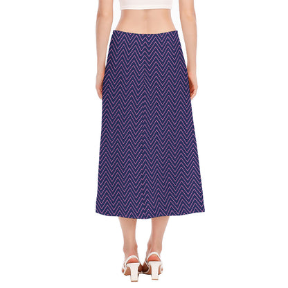 Navy And Pink Zigzag Pattern Print Side Slit Midi Skirt