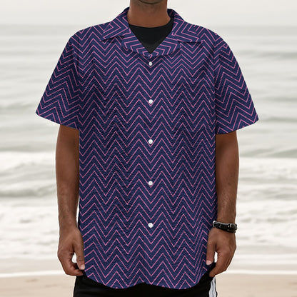 Navy And Pink Zigzag Pattern Print Textured Short Sleeve Shirt