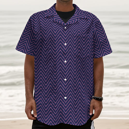 Navy And Pink Zigzag Pattern Print Textured Short Sleeve Shirt