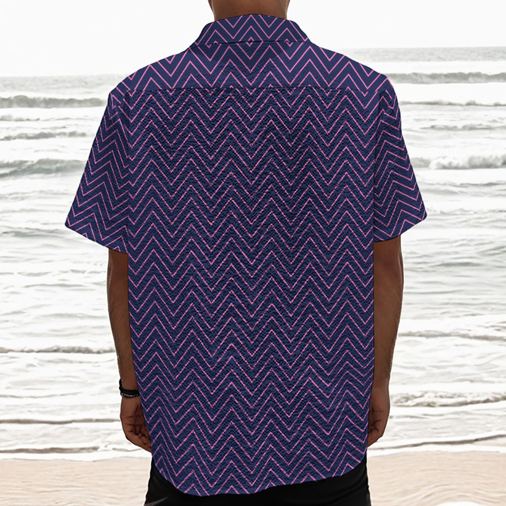 Navy And Pink Zigzag Pattern Print Textured Short Sleeve Shirt