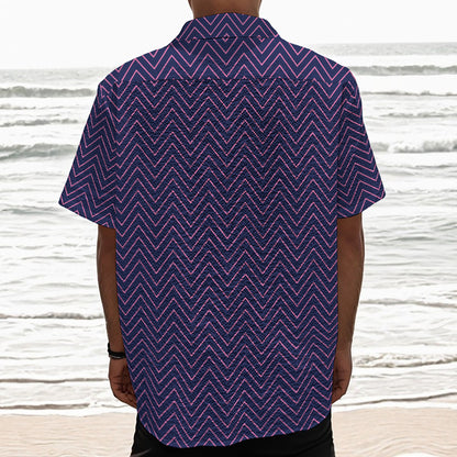 Navy And Pink Zigzag Pattern Print Textured Short Sleeve Shirt