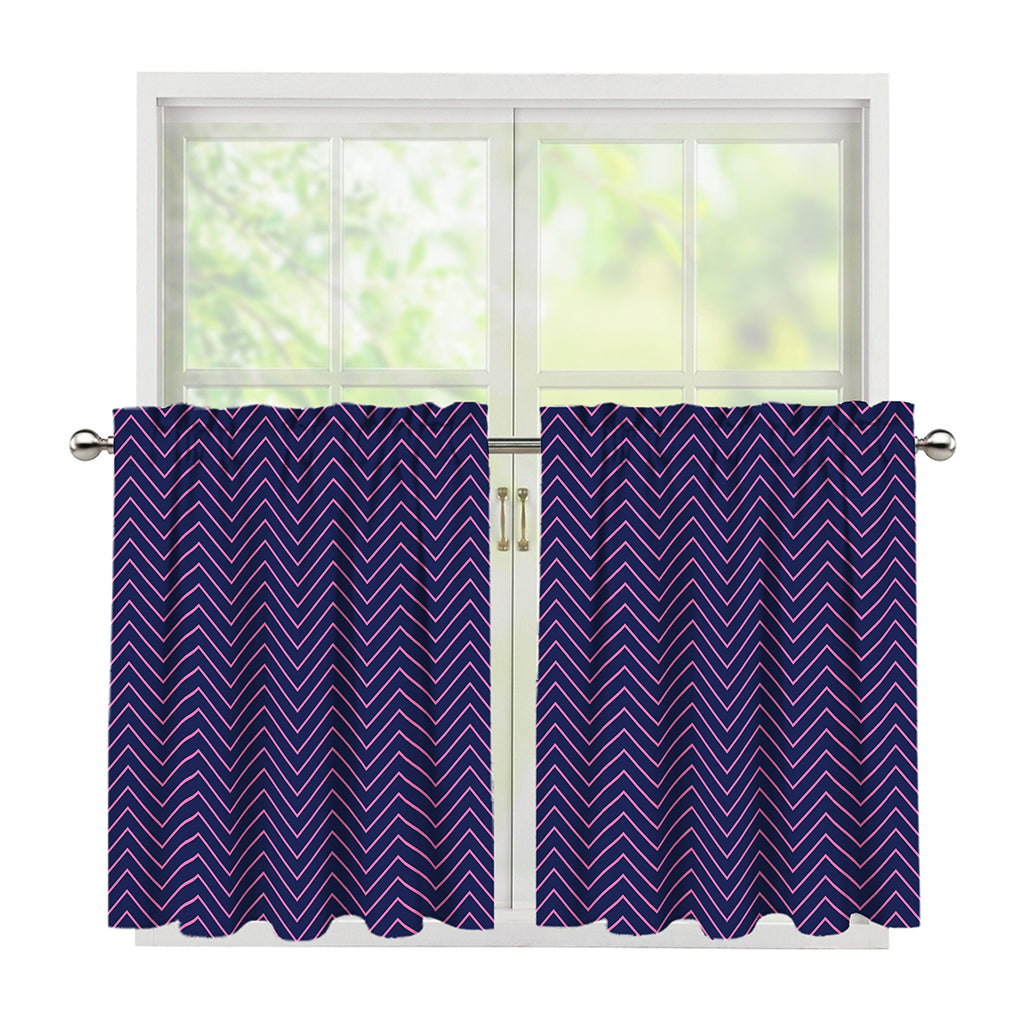 Navy And Pink Zigzag Pattern Print Tier Curtains