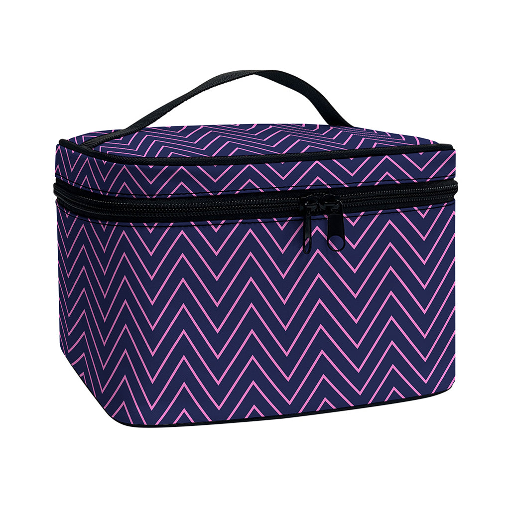 Navy And Pink Zigzag Pattern Print Travel Makeup Bag