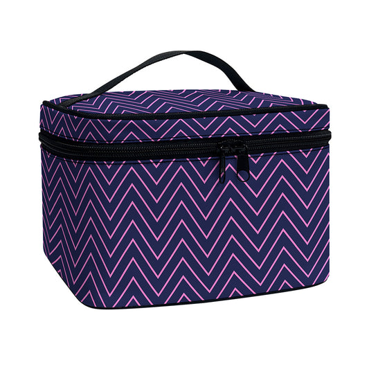 Navy And Pink Zigzag Pattern Print Travel Makeup Bag