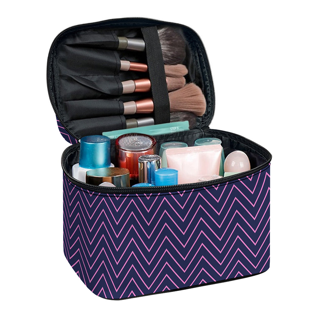 Navy And Pink Zigzag Pattern Print Travel Makeup Bag