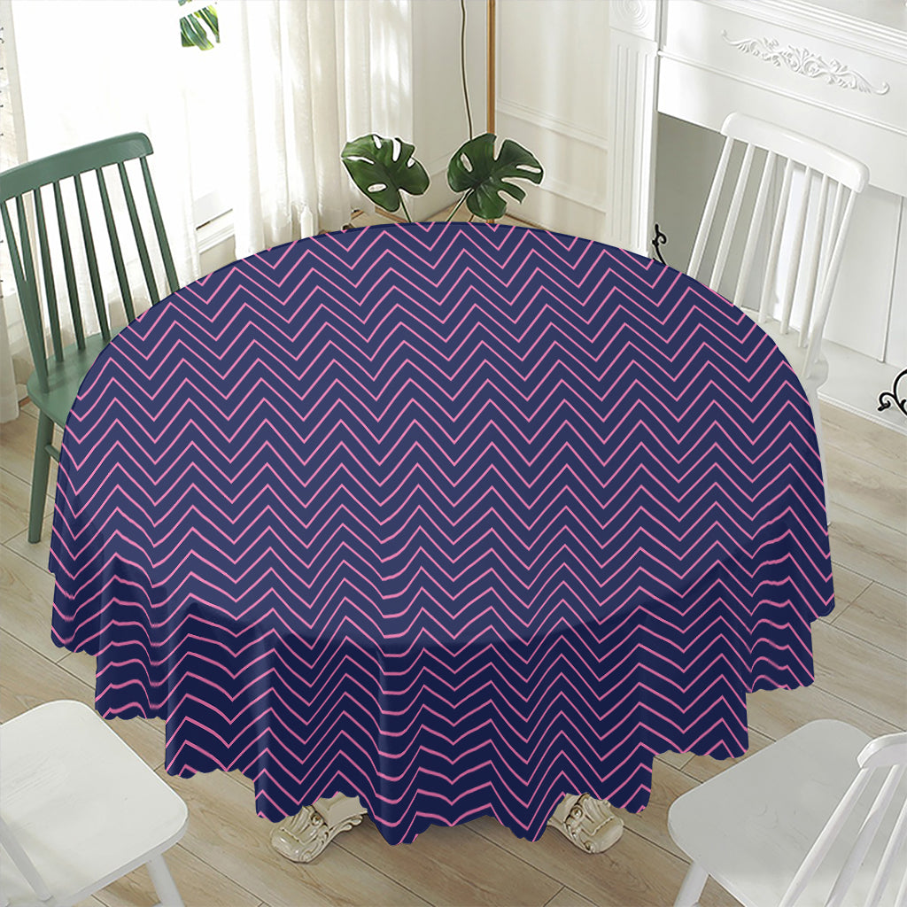 Navy And Pink Zigzag Pattern Print Waterproof Round Tablecloth