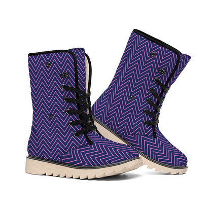 Navy And Pink Zigzag Pattern Print Winter Boots