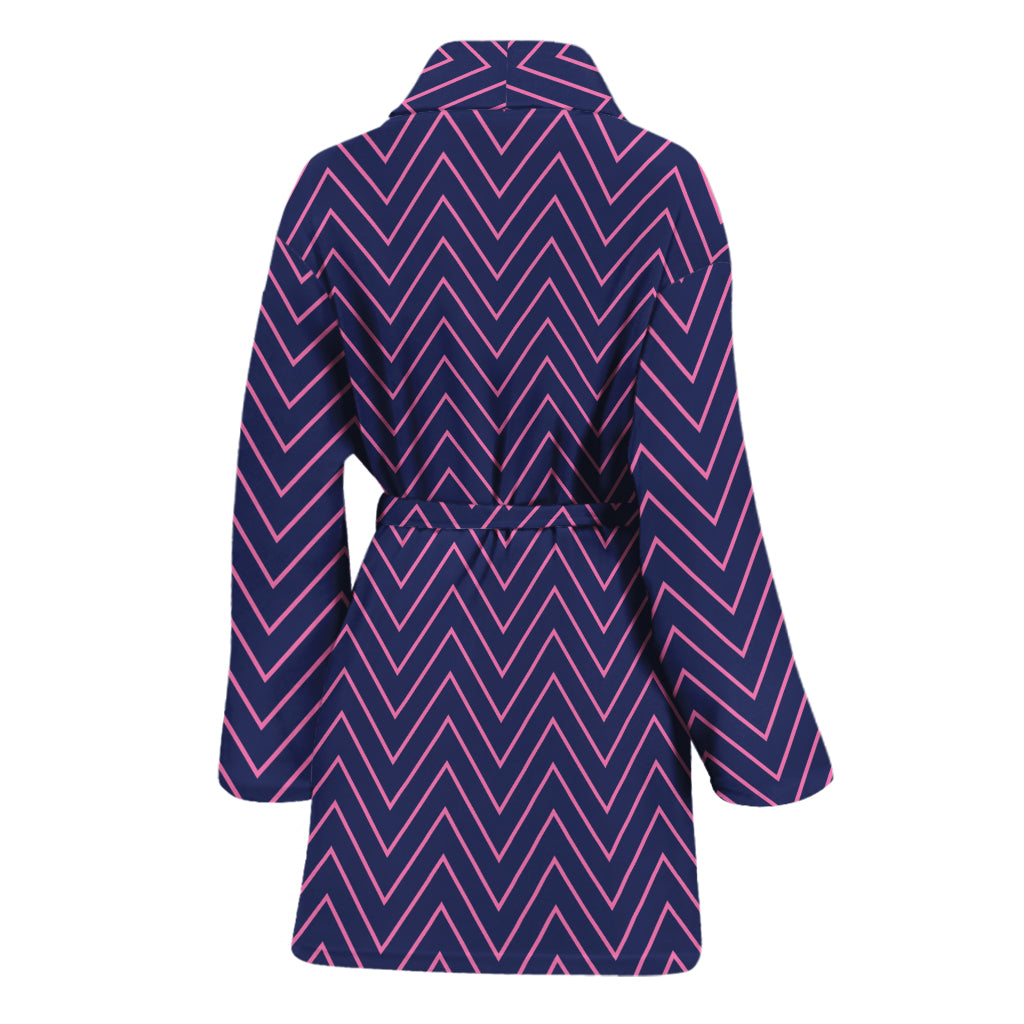 Navy And Pink Zigzag Pattern Print Women's Bathrobe