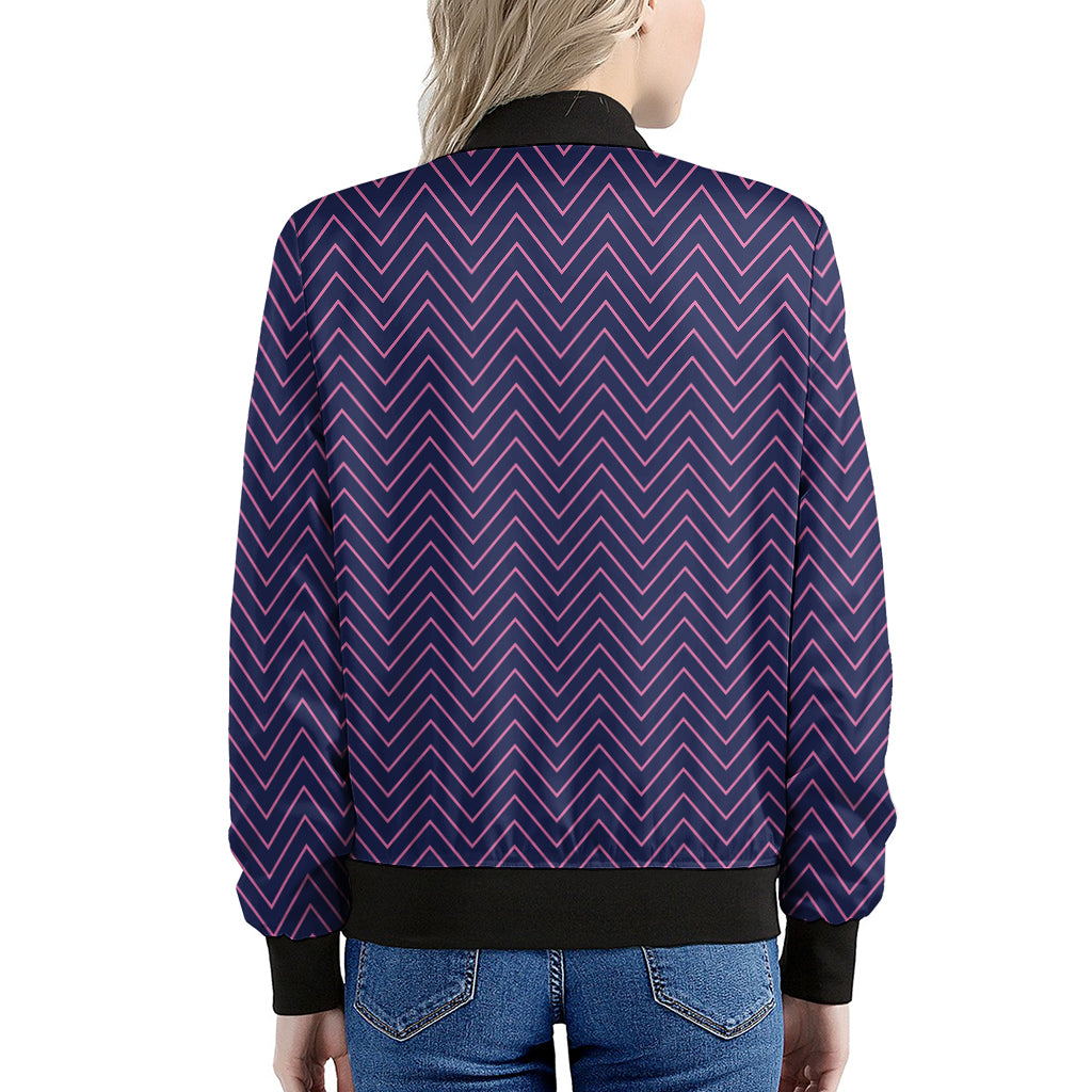 Navy And Pink Zigzag Pattern Print Women's Bomber Jacket