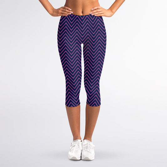 Navy And Pink Zigzag Pattern Print Women's Capri Leggings
