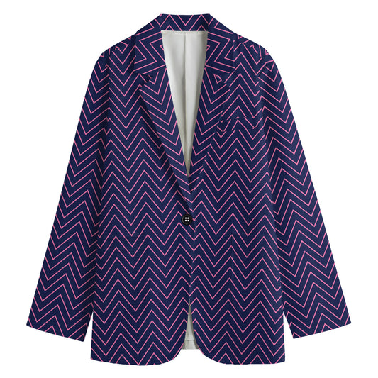 Navy And Pink Zigzag Pattern Print Women's Cotton Blazer