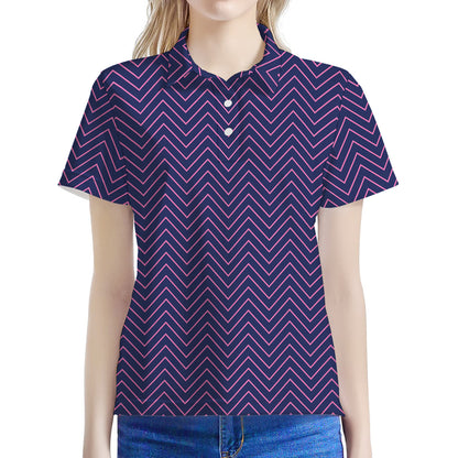 Navy And Pink Zigzag Pattern Print Women's Polo Shirt