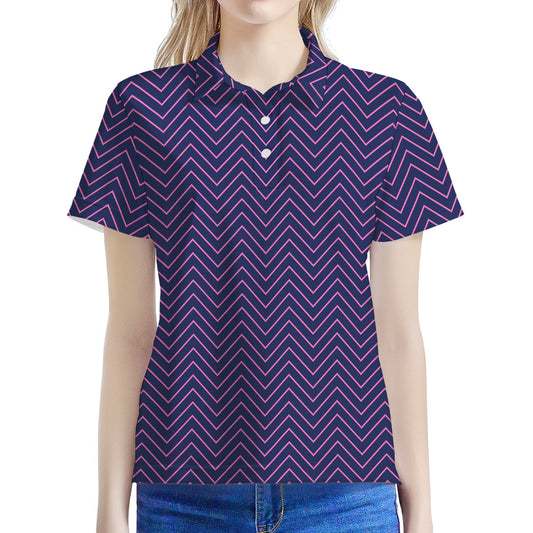 Navy And Pink Zigzag Pattern Print Women's Polo Shirt