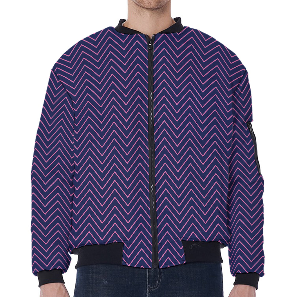 Navy And Pink Zigzag Pattern Print Zip Sleeve Bomber Jacket