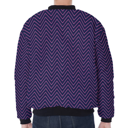 Navy And Pink Zigzag Pattern Print Zip Sleeve Bomber Jacket