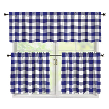 Navy And White Buffalo Check Print 3 Piece Kitchen Curtains