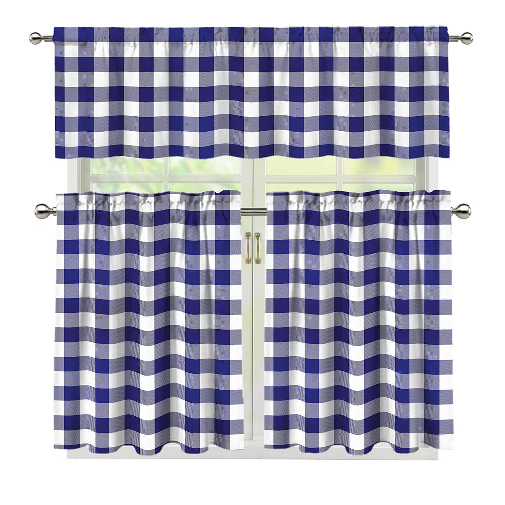 Navy And White Buffalo Check Print 3 Piece Kitchen Curtains