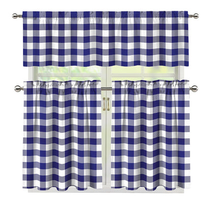 Navy And White Buffalo Check Print 3 Piece Kitchen Curtains