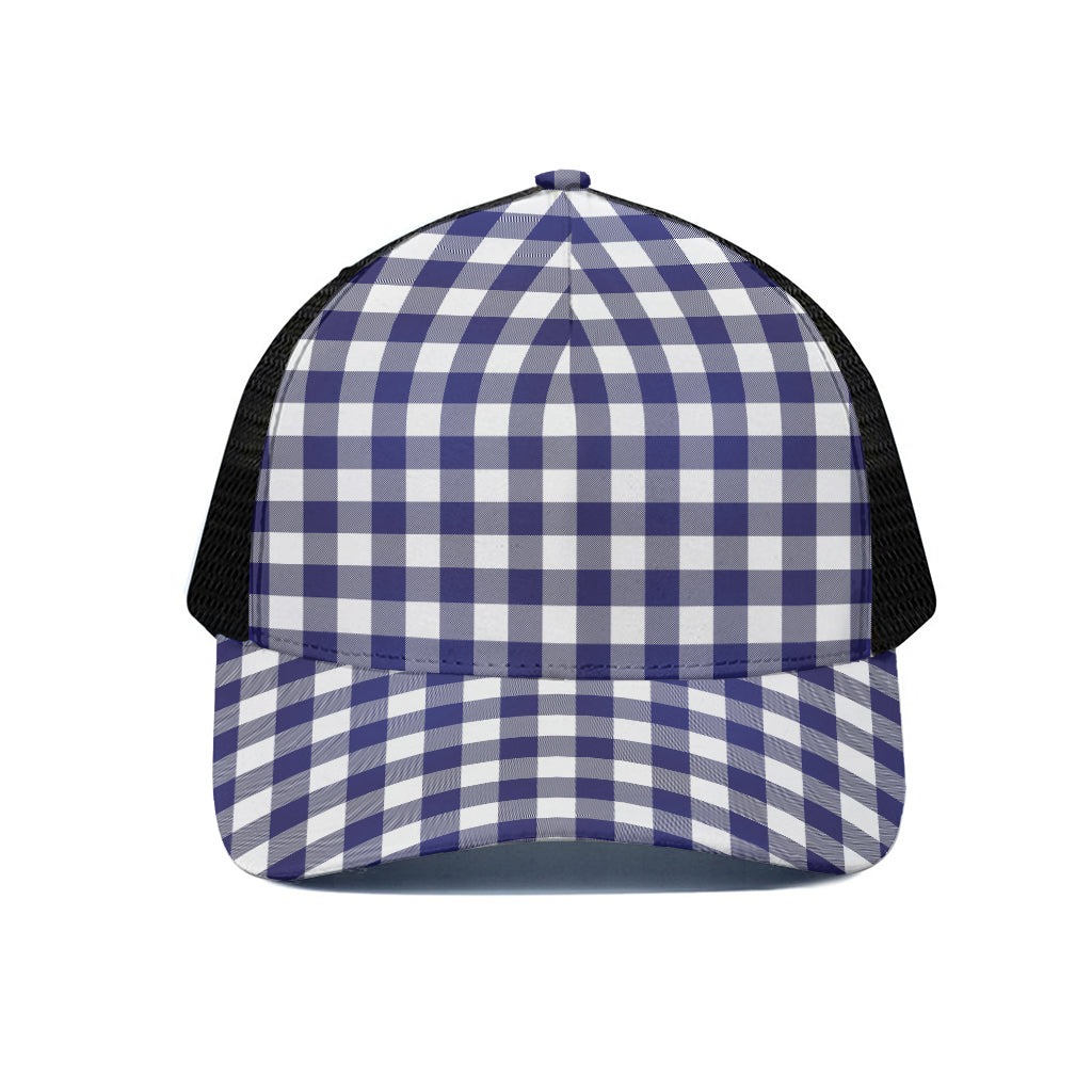Navy And White Buffalo Check Print Black Mesh Trucker Cap