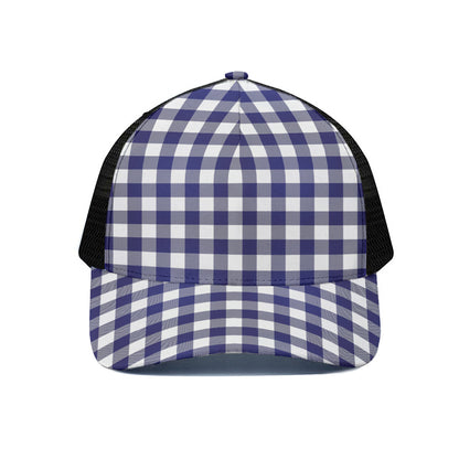 Navy And White Buffalo Check Print Black Mesh Trucker Cap