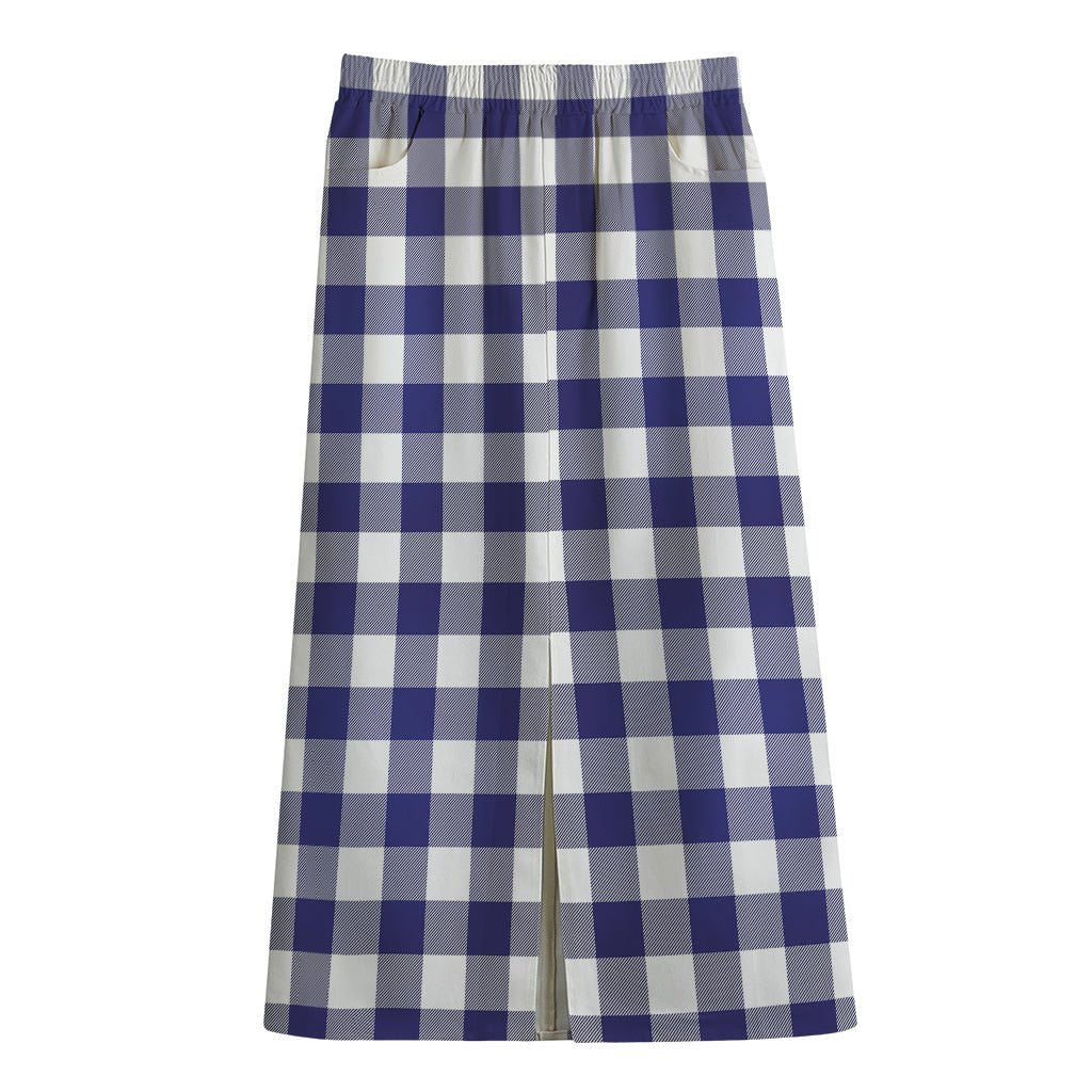 Navy And White Buffalo Check Print Cotton Front Slit Maxi Skirt