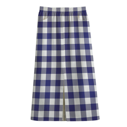Navy And White Buffalo Check Print Cotton Front Slit Maxi Skirt