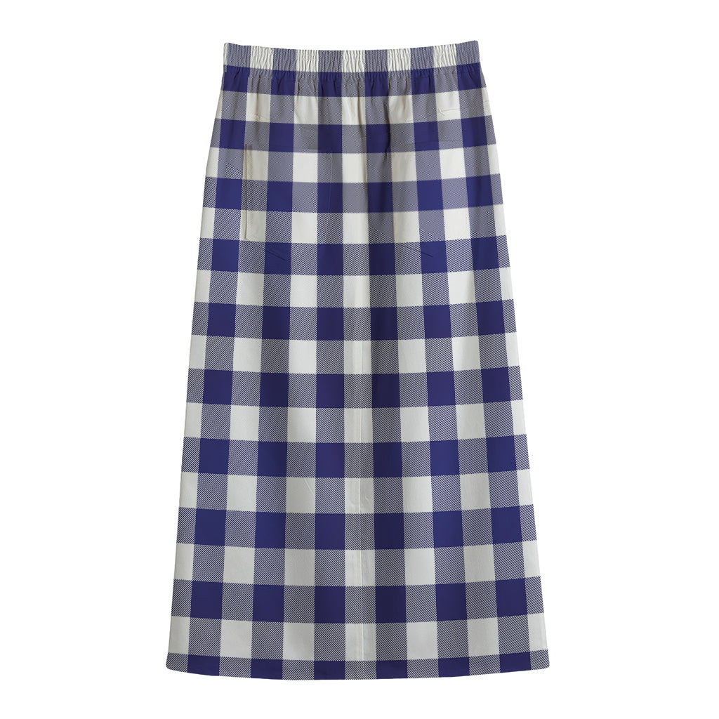 Navy And White Buffalo Check Print Cotton Front Slit Maxi Skirt