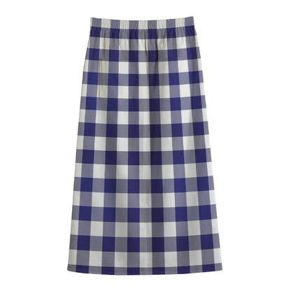Navy And White Buffalo Check Print Cotton Front Slit Maxi Skirt