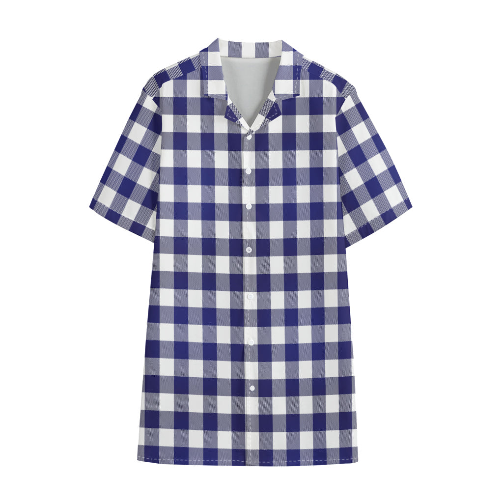 Navy And White Buffalo Check Print Cotton Hawaiian Shirt