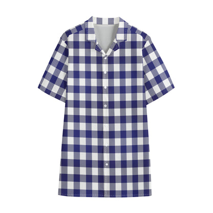 Navy And White Buffalo Check Print Cotton Hawaiian Shirt