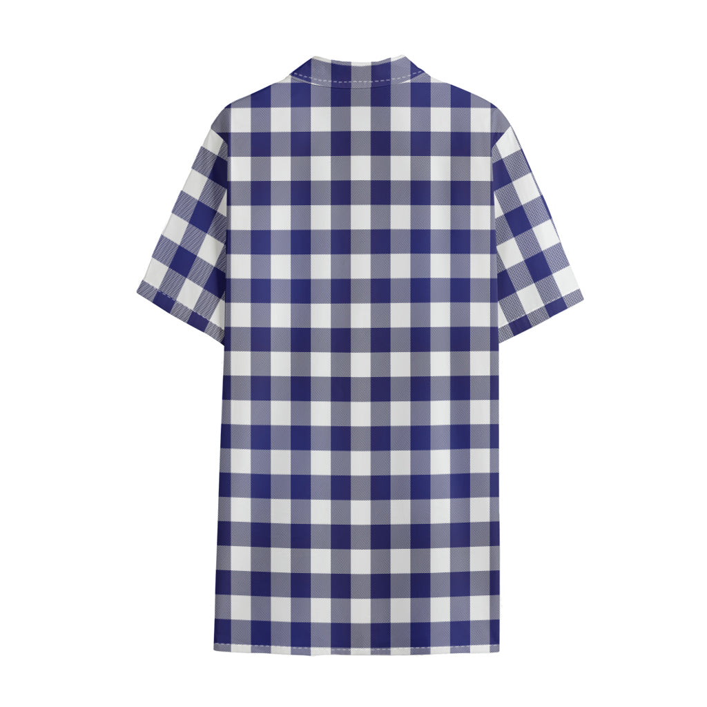 Navy And White Buffalo Check Print Cotton Hawaiian Shirt