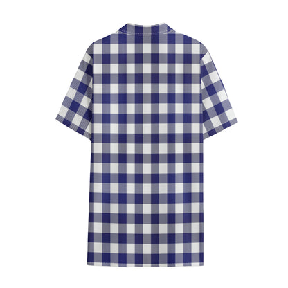 Navy And White Buffalo Check Print Cotton Hawaiian Shirt