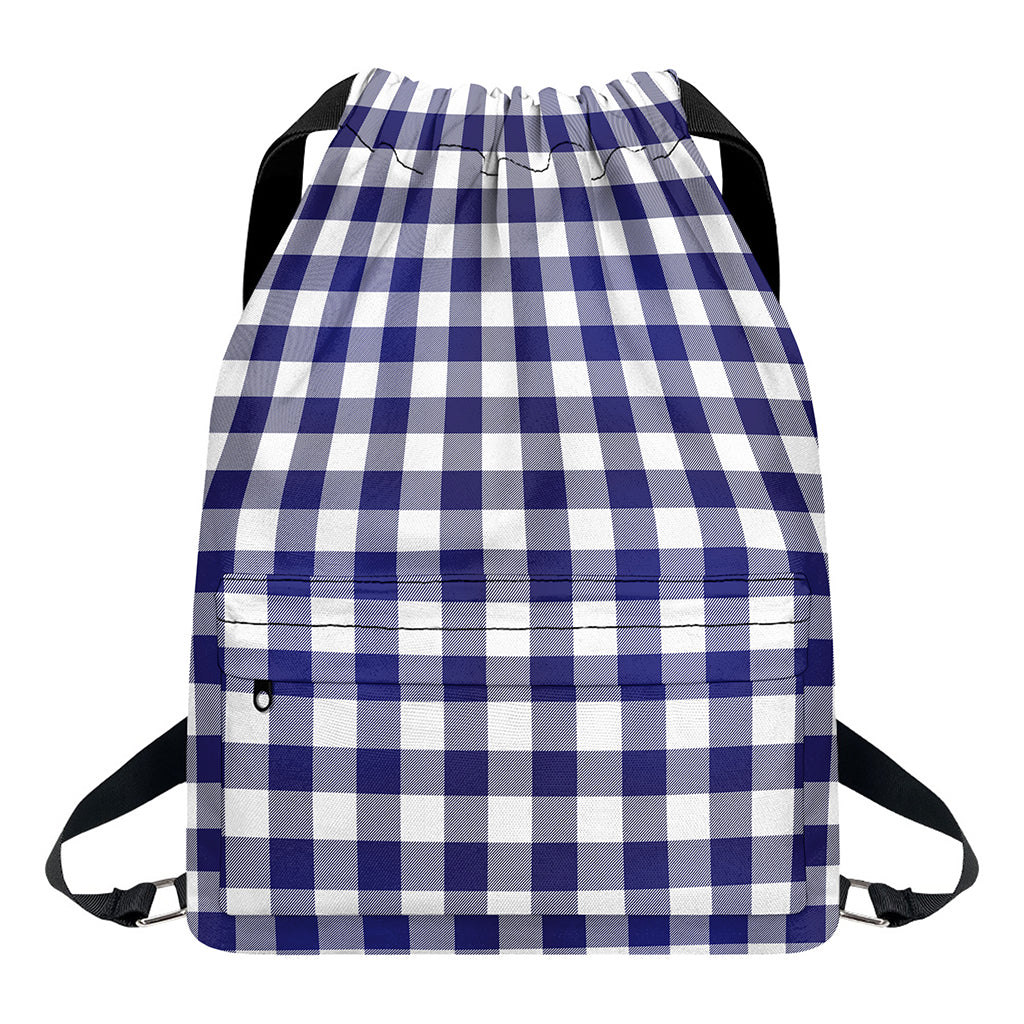 Navy And White Buffalo Check Print Drawstring Backpack