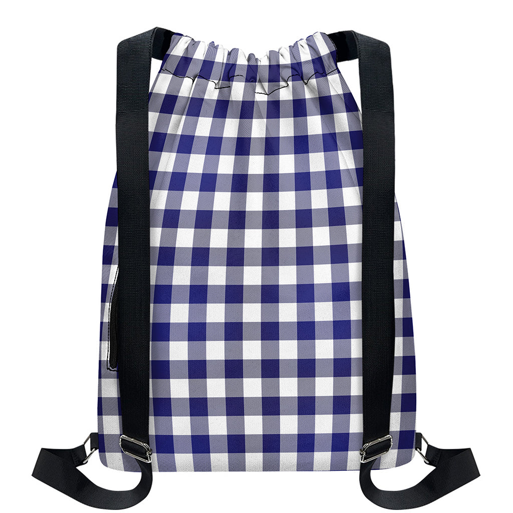 Navy And White Buffalo Check Print Drawstring Backpack