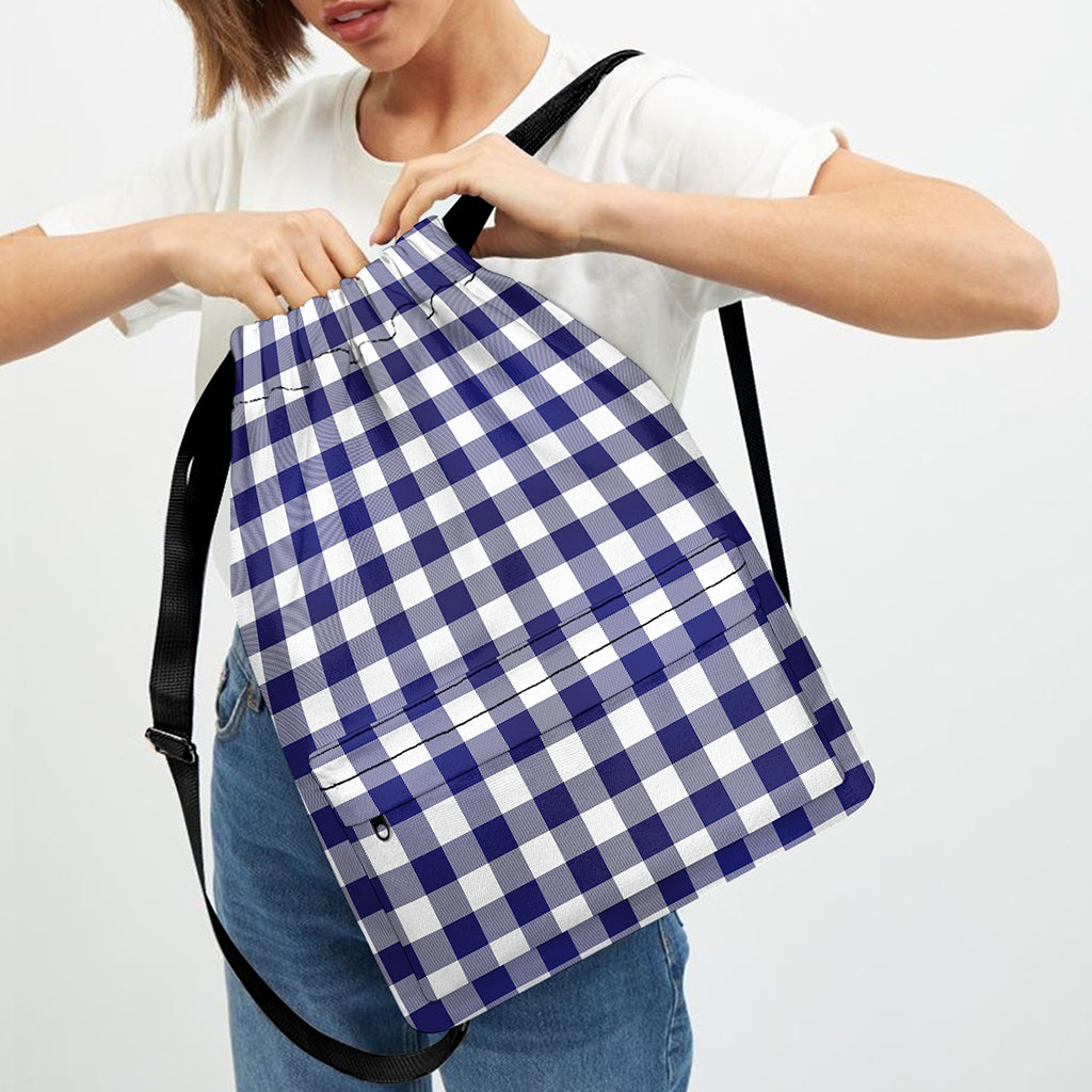 Navy And White Buffalo Check Print Drawstring Backpack