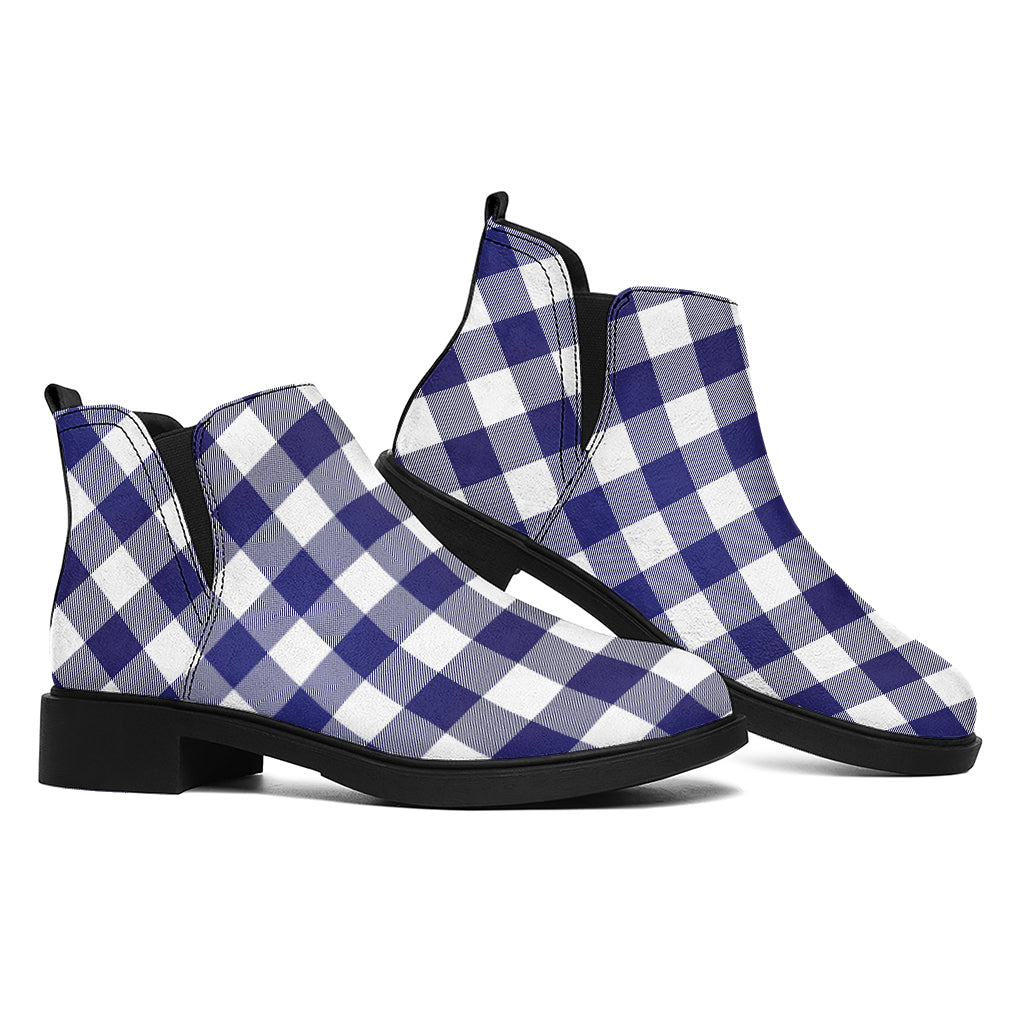 Navy And White Buffalo Check Print Flat Ankle Boots