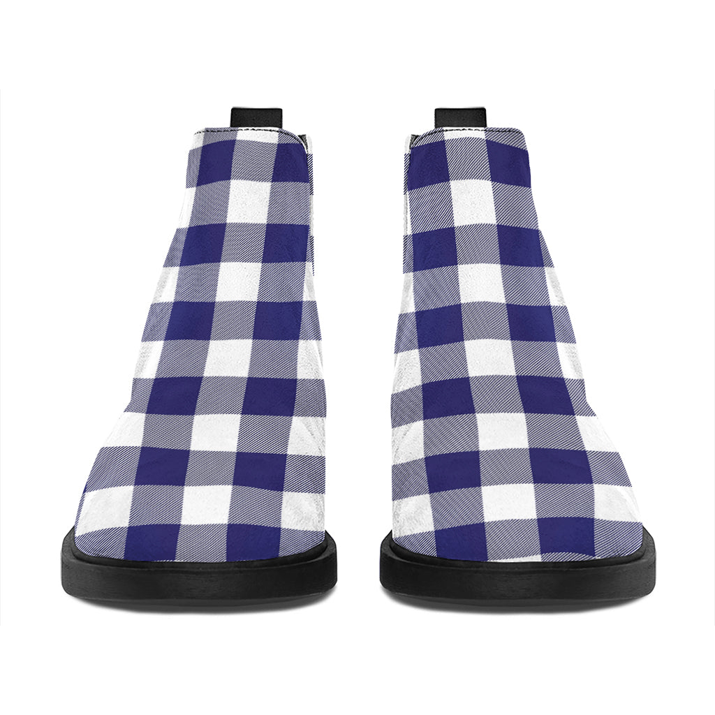 Navy And White Buffalo Check Print Flat Ankle Boots