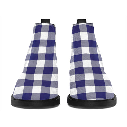 Navy And White Buffalo Check Print Flat Ankle Boots