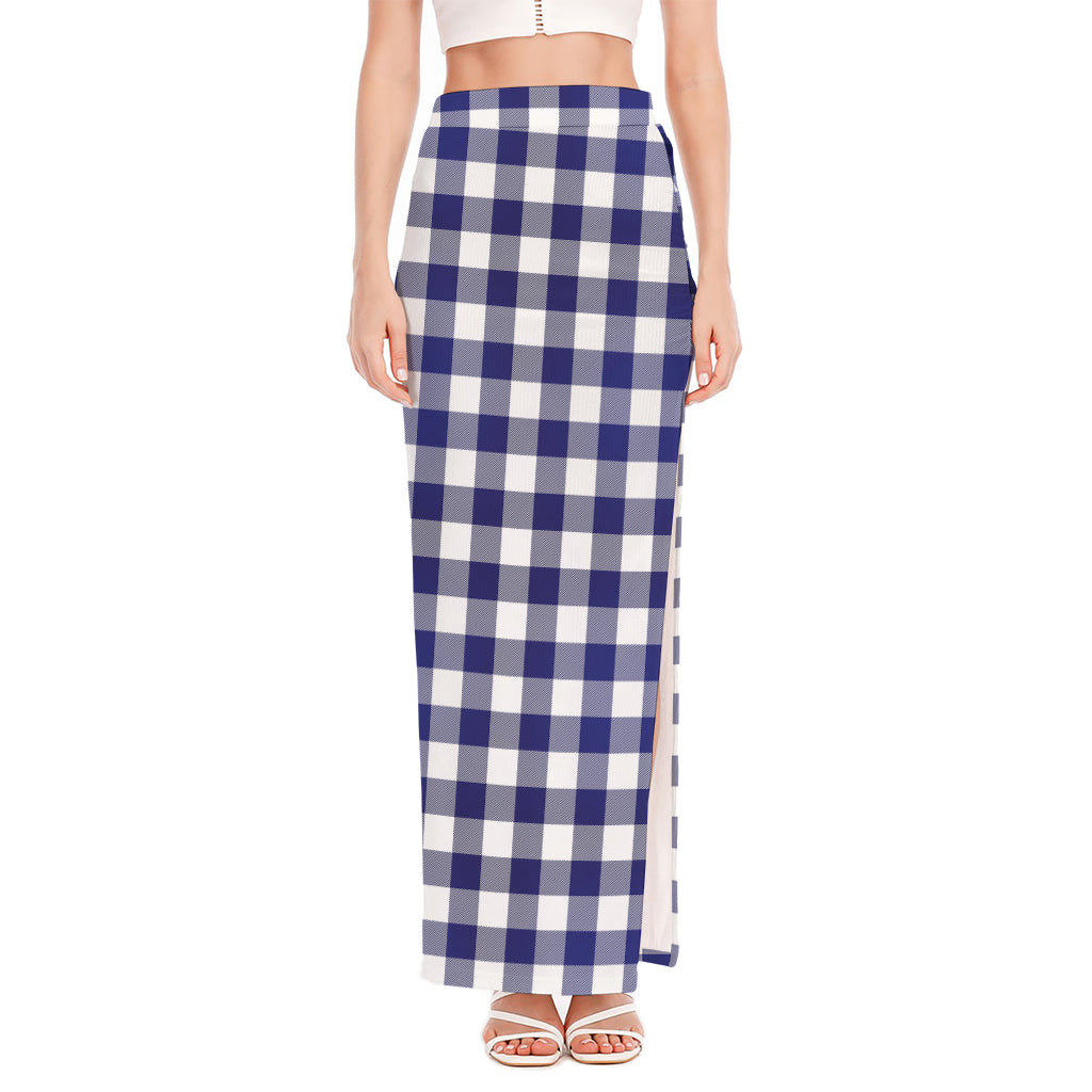 Navy And White Buffalo Check Print High Slit Maxi Skirt