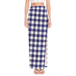 Navy And White Buffalo Check Print High Slit Maxi Skirt