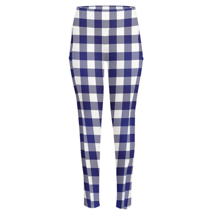 Navy And White Buffalo Check Print High-Waisted Pocket Leggings