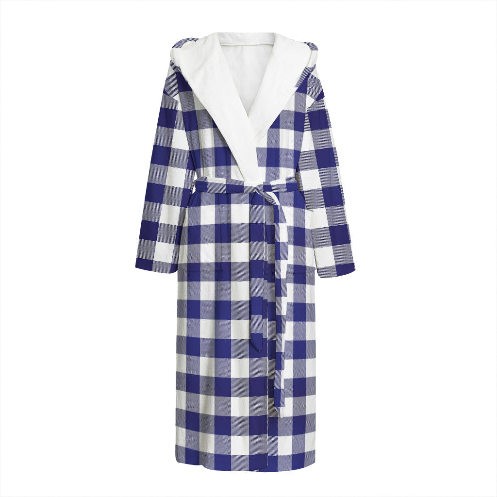 Navy And White Buffalo Check Print Hooded Bathrobe