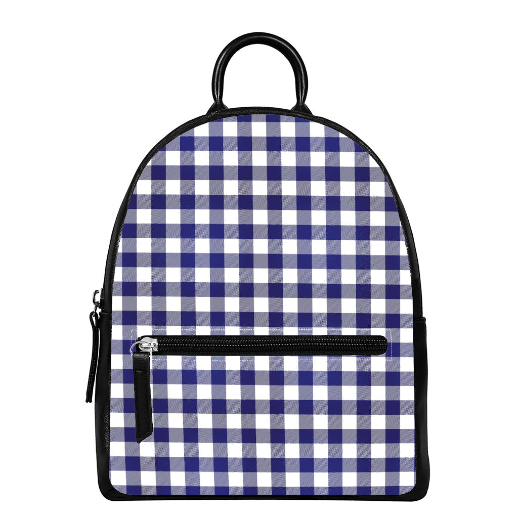 Navy And White Buffalo Check Print Leather Backpack