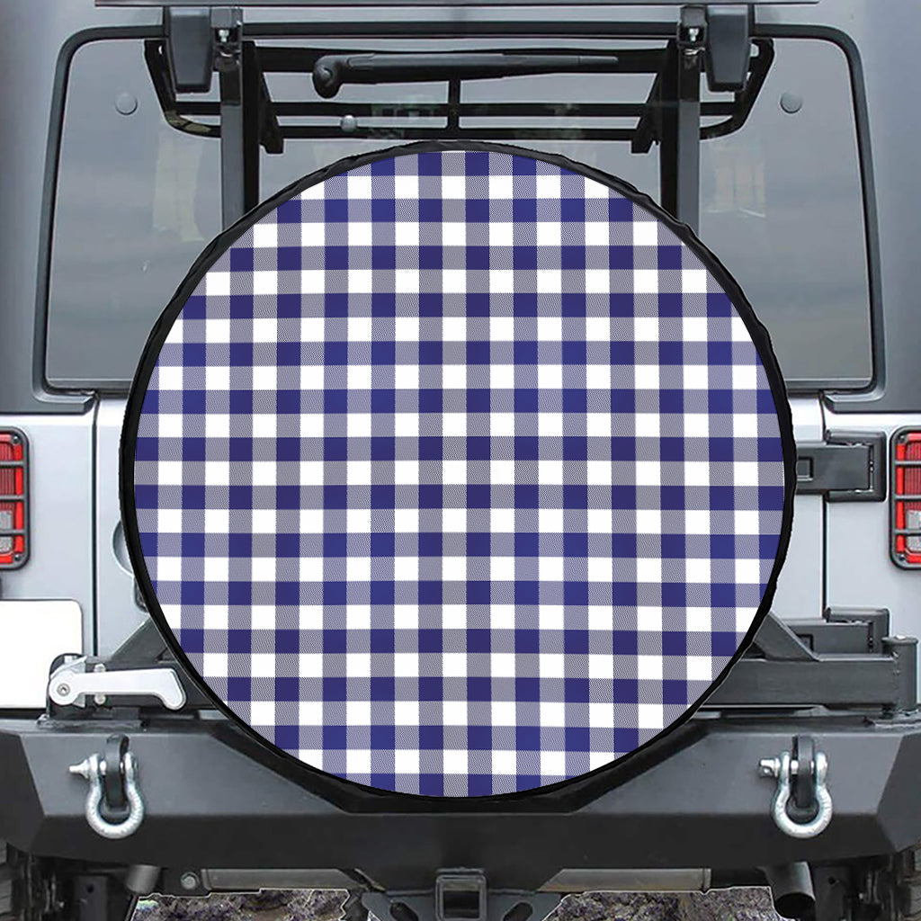Navy And White Buffalo Check Print Leather Spare Tire Cover