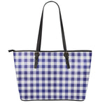 Navy And White Buffalo Check Print Leather Tote Bag