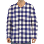 Navy And White Buffalo Check Print Long Sleeve Baseball Jersey